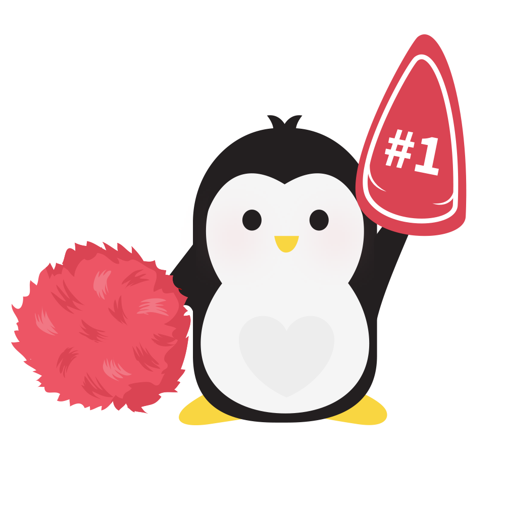 An illustration of a penguin with a pom-pom in one hand and a foam flipper (like a giant foam finger) with 'No. 1' printed on it