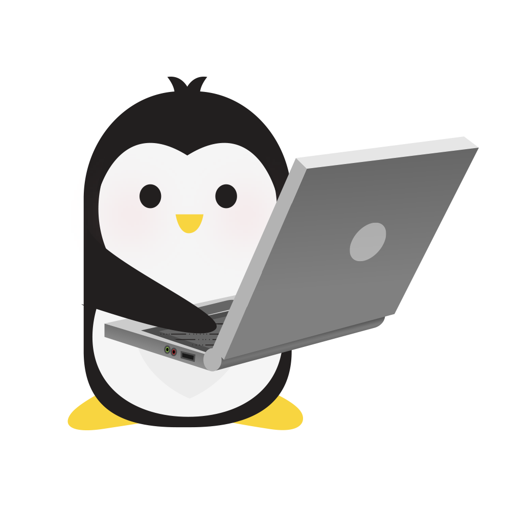Technical Penguins Development Penguin is holding a large laptop.