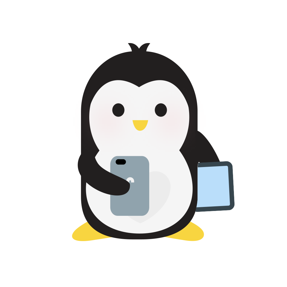 Technical Penguins Assorted Internetery Penguin is holding a tablet under one arm and a cell phone in his other flipper.