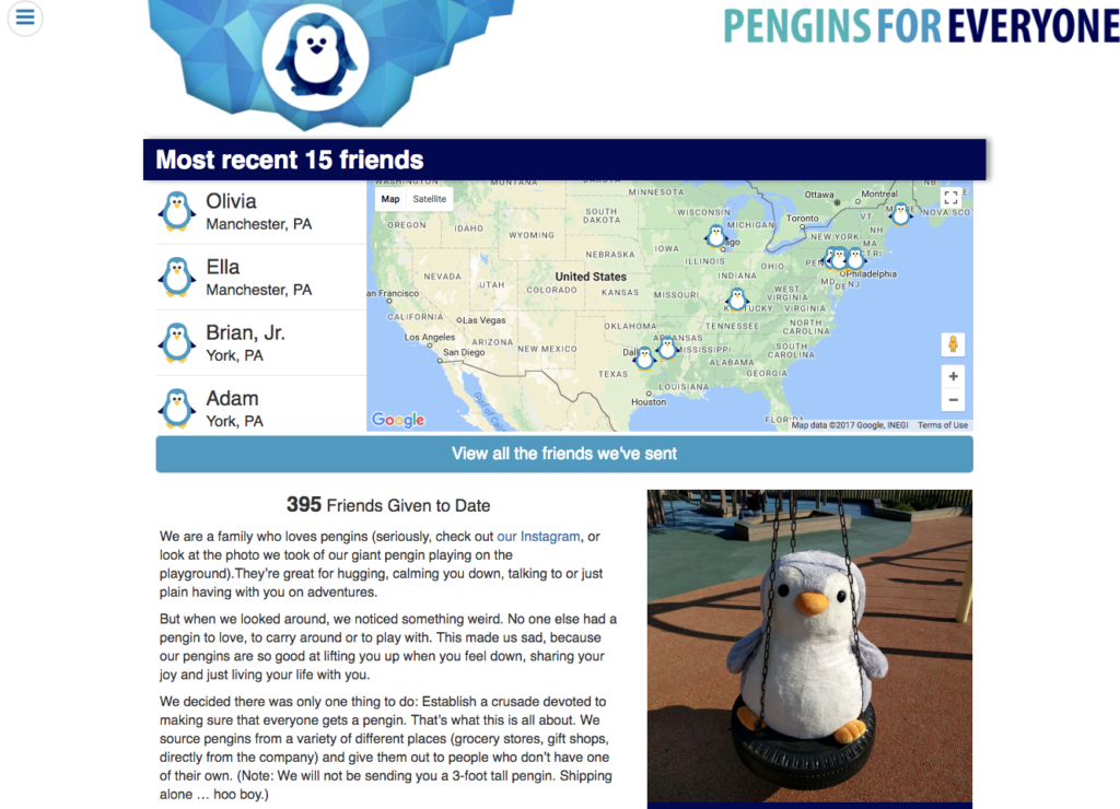 Technical Penguins Case Study: A screenshot of the front page of Pengins For Everyone at www.penginsforeveryone.com. It includes a logo and logotype at the top, a map of the 15 most recent places where a stuffed penguin was last shipped, a text description and a photo of a very large penguin on a tire swing.