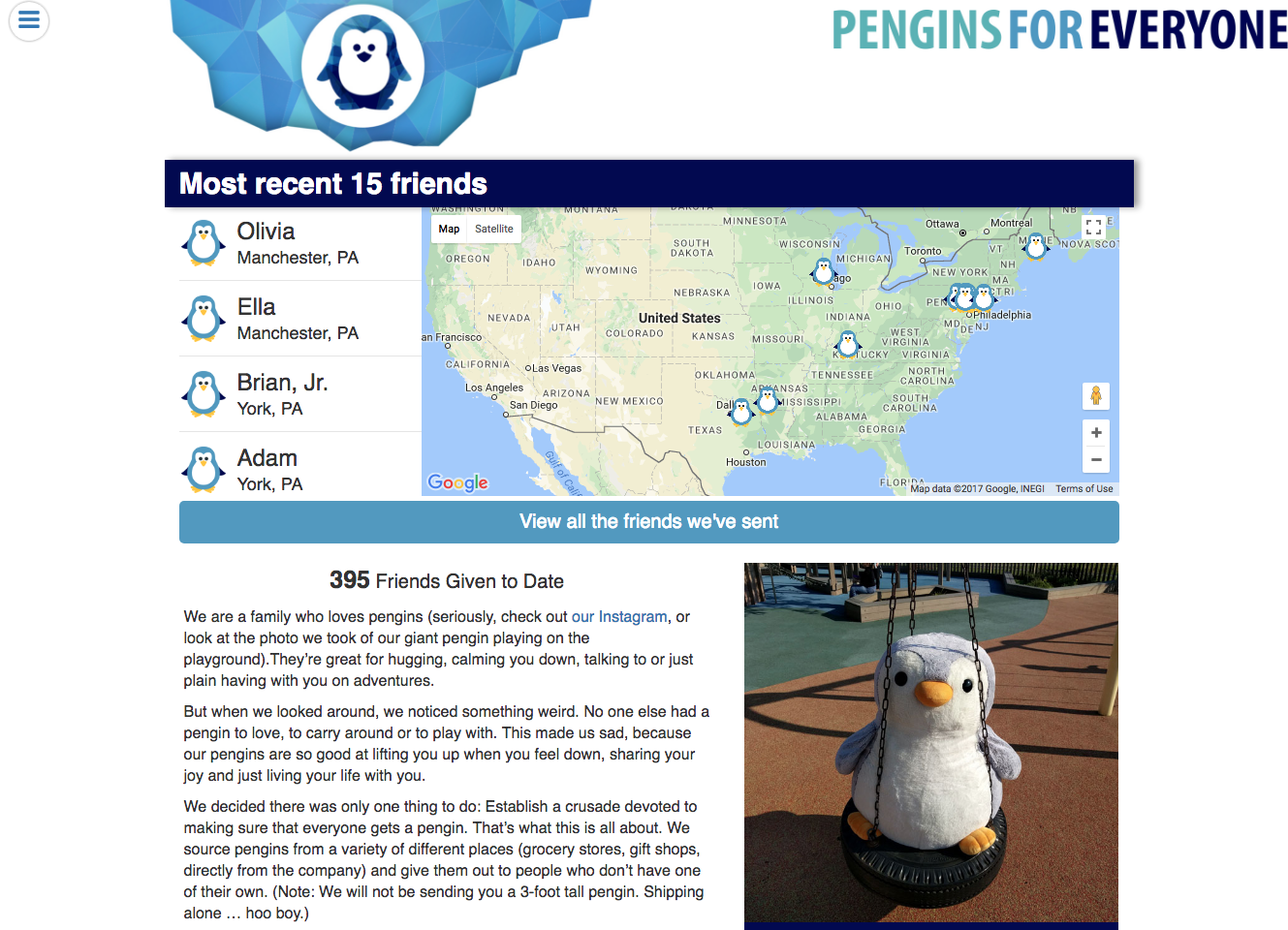 Technical Penguins Case Study: A screenshot of the front page of Pengins For Everyone. It includes a logo and logotype at the top, a map of the 15 most recent places where a pengin was last shipped, a text description and a photo of a very large penguin on a tire swing.