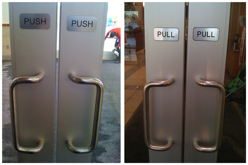 Two sets of door handles in different photos set next to each other. Both have handles over a backplate; one set has the word 'push' above it, the other has the word 'pull' above it